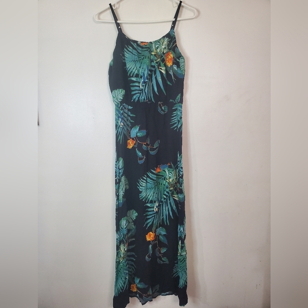 American Rag Tropical Bird Print Maxi Dress Size XS Elastic Waist Side Slit